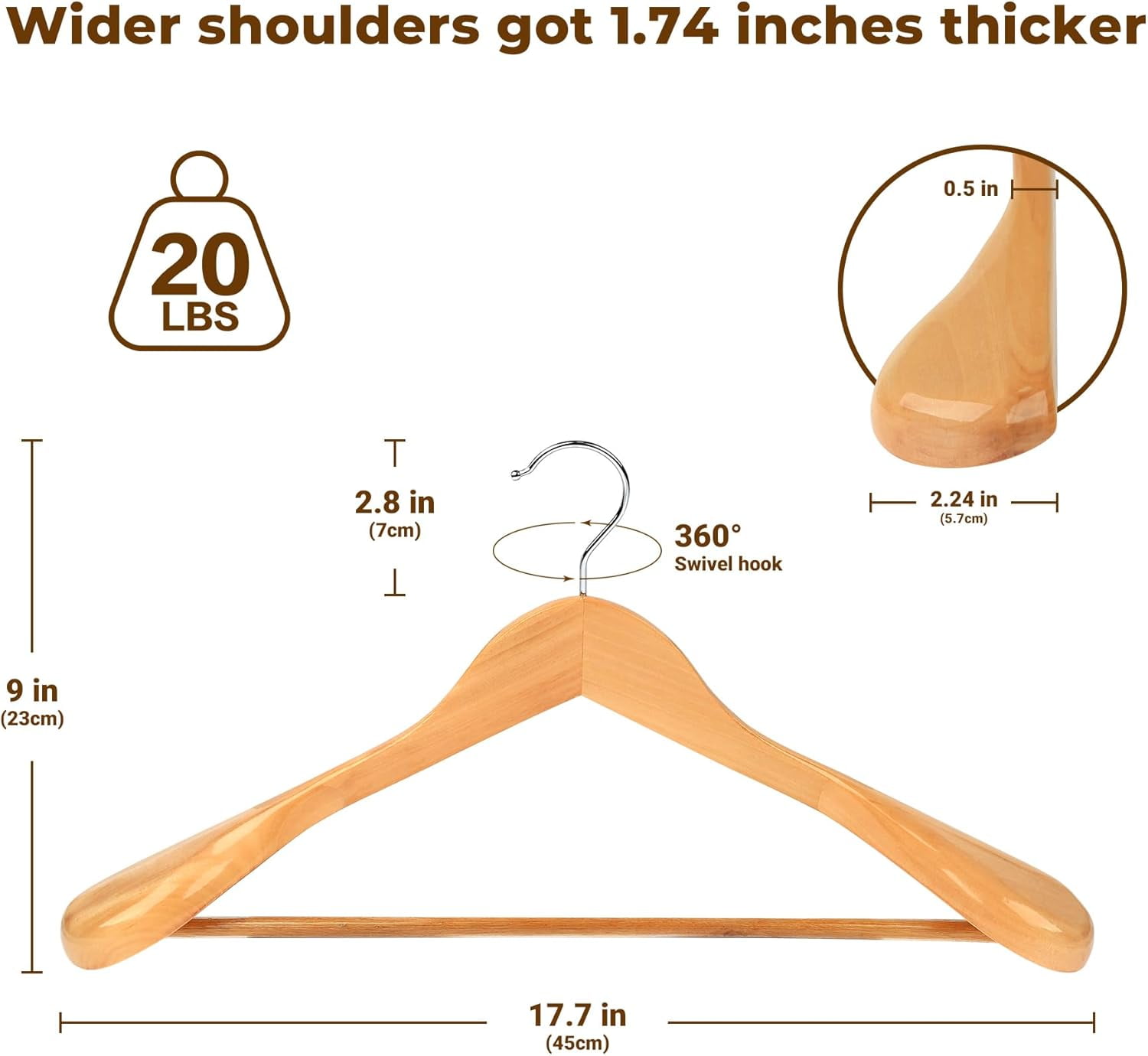 Coat Hanger 8-Pack,  Wood Hangers Trouser Hangers Extra Wide Shoulder Wooden Hangers for Heavy Coat, Sweater, Skirt, Suit, Pants, Retro Finish