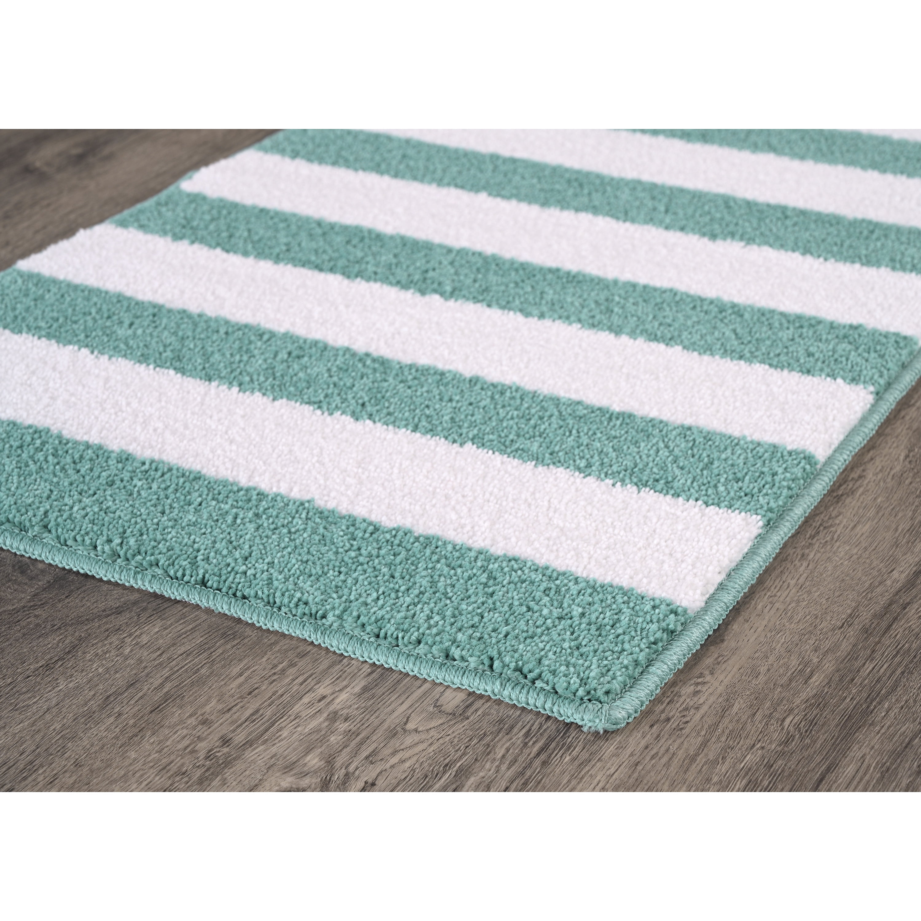 Garland Rug Beach Stripe Washable Bath Rug Set, 2 Piece Set (17"x24" Bath Rug, & 21"x34" Bath Rug) Sea Foam/White