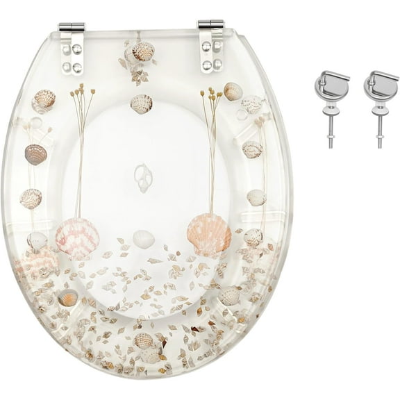 Round Toilet Seat Seashells Design Toilet Lid Cover Resin Standard Toilet Seat Round Decorative Clear Toilet Seat (White)