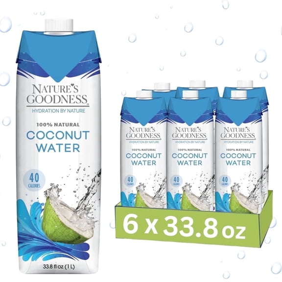 Nature's Goodness Coconut Water, 100% Pure, Vegan, 6 Pack, 33.82 Fl Oz (1L)