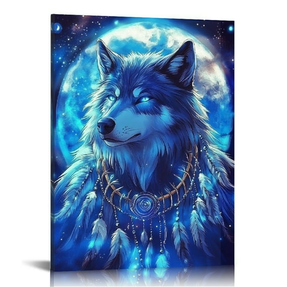 Patifu Wolf Dream Catcher Moon Canvas Wall Art for Living Room, Bedroom & Home Office Decor 12x16 in