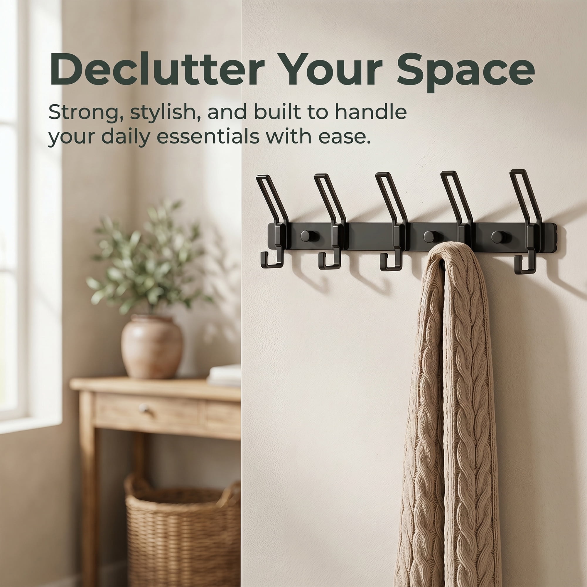 Unique Bargains Wall Mount Coat Rack Hook for Bathroom Organization Black 6 Hooks