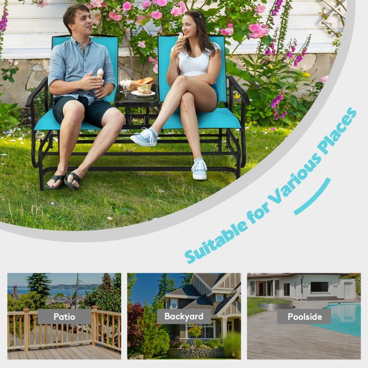 Aimee Lii Outdoor Patio Furniture Set, 2-Person Double Rocking Loveseat with Mesh Fabric and Center Tempered Glass Table, Turquoise