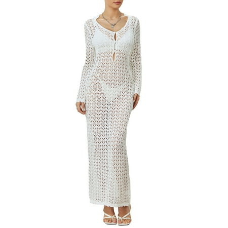 MIPREWUY Women s Summer Bikini Cover-Up  Long Sleeve V Neck Keyhole Front Hollow Out Crochet Slim Long Dress