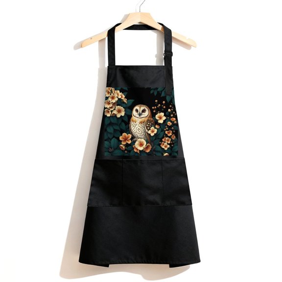 RKSupls Waterproof Bib Apron with 3 Pockets, Owl Flowers Night Forest Adjustable Neck Strap Soft Polyester Water Resistant Apron for Kitchen Restaurant Home Use