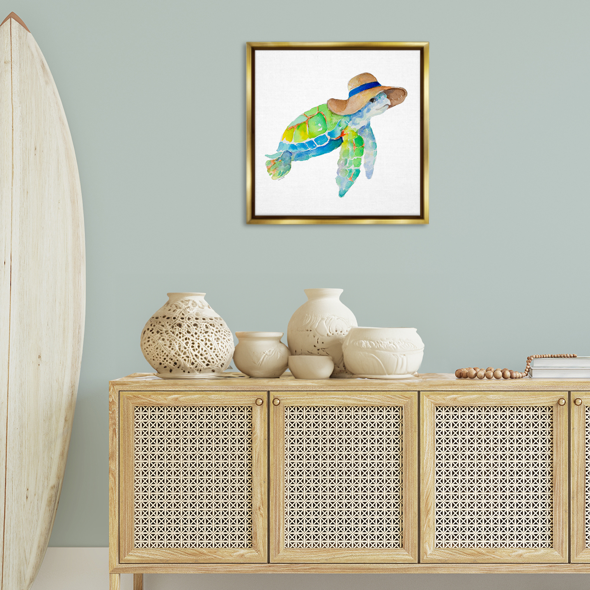 Stupell Industries Beach Ready Turtle Novelty Painting Gold Floater Framed Canvas Art Print Wall Art, 25 x 25