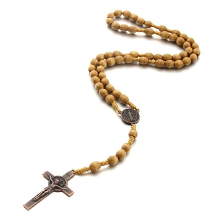 Gieenan Handmade Weave Saint Benedict Medal Antique Wooden Rosary for Cross Necklace Vintage Catholic Religious Jesus Christian Crucifix Necklace Jewelry Gifts