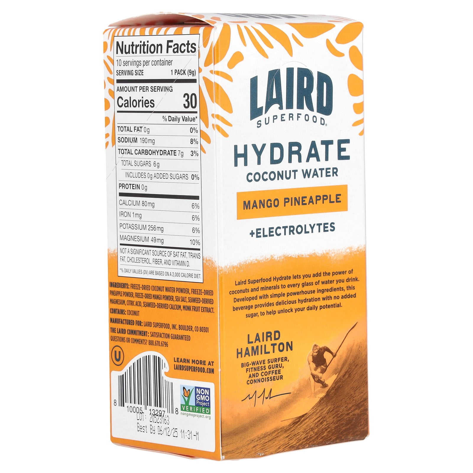 Laird Superfood Hydrate Coconut Water, Electrolyte Drink Mix, Mango Pineapple, 10 Single Serve Packs, 0.3 oz (9 g) Each