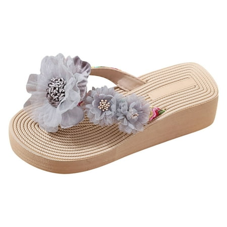 

Youmylove Women Slippers Thong Sandals Summer Simple Fashion Flower Decoration Non-Slip Wedge Large Flip Flop Leisure Ladies Cozy Daily Walking