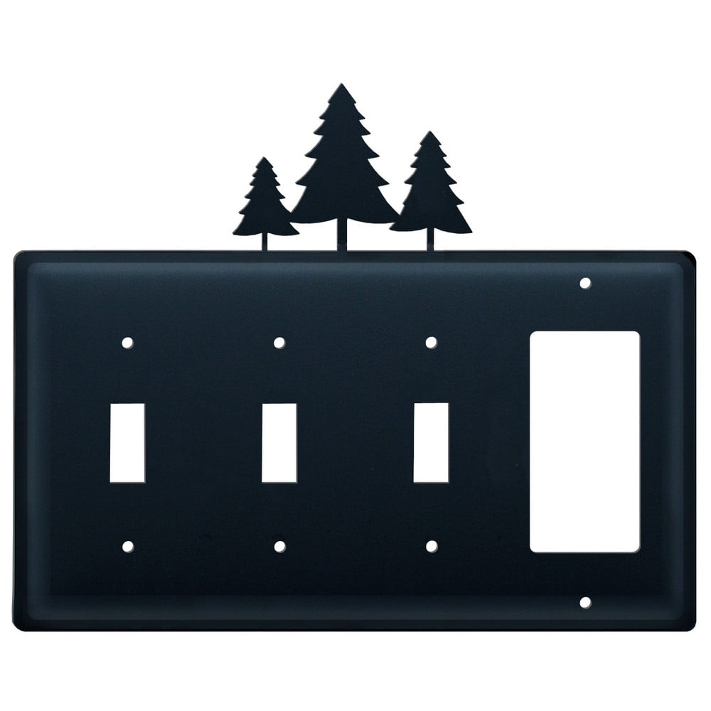 Triple Switch and 1 GFI Outlet Cover with Pine Trees Accent, Black
