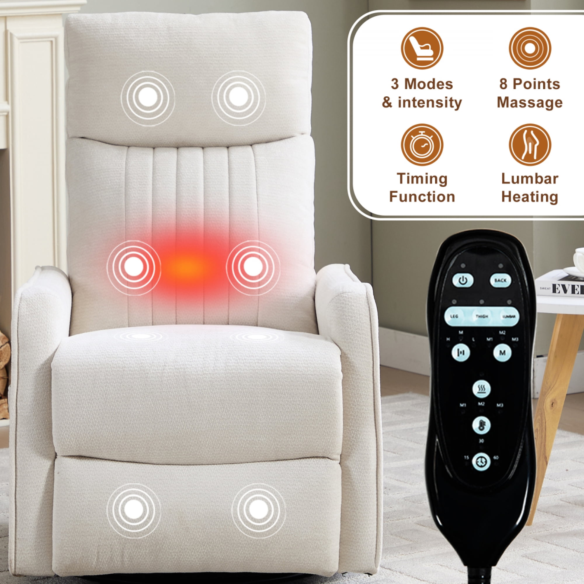 360 Swivel Rocking Recliner Chair for Adults, Nursery Rocking Chair with Heat and Massage, Glider Reclining Chair for Small Space, Living Room, Bedroom (Chenille, Beige)