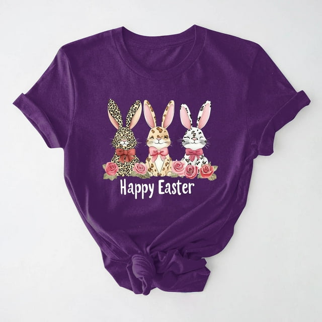 UPPADA Easter Femmes Oeufs Imprimé T-Shirts Heureux Easter Graphique Bunny Lapin Mignon T-Shirts Manches Courtes Décontracté Col Rond T-Shirts Été Basique Coupe Régulière Chemises Violet,TTG