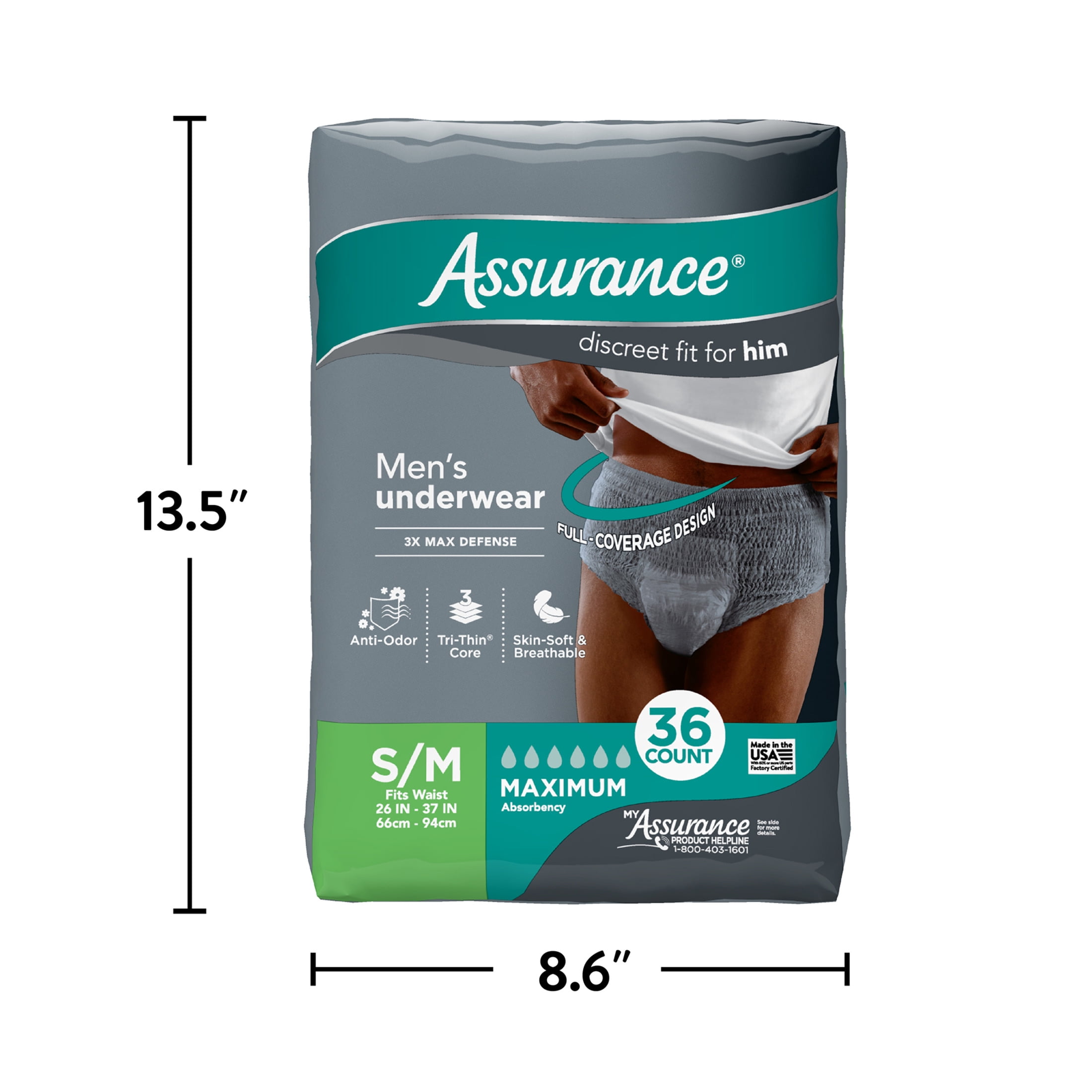 Assurance Men's Incontinence Underwear, S/M, Maximum Absorbency, 36 Count