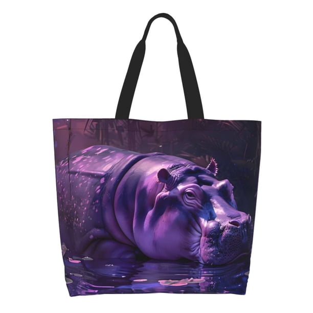Balery Purple Hippo In Water Bolsa Tote Estilo Estético con Cremalleras, Bolsa de Hombro, Bolsa de Compras Grande y Plegable