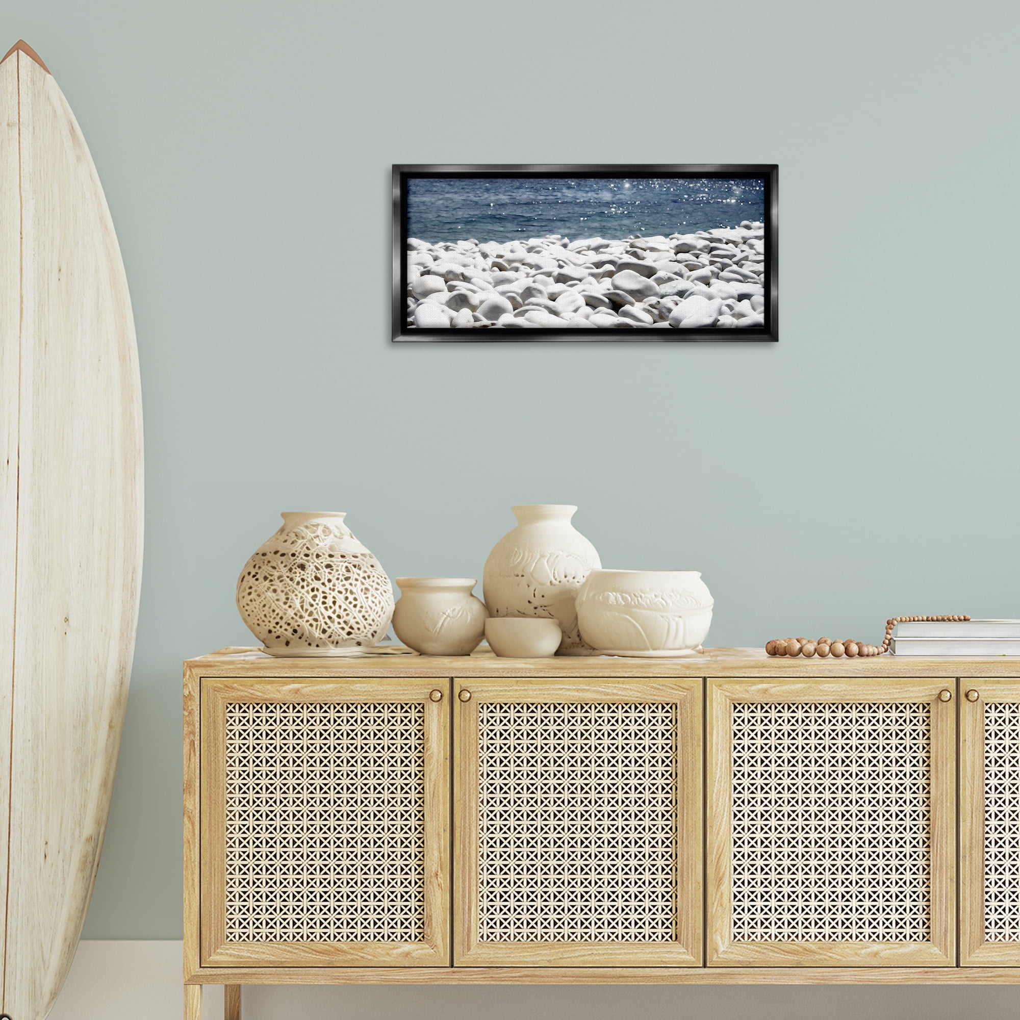 Stupell Industries Greek Pebbles Shore Landscape & Nature Photography Black Floater Framed Canvas Art Print Wall Art, 31 x 14