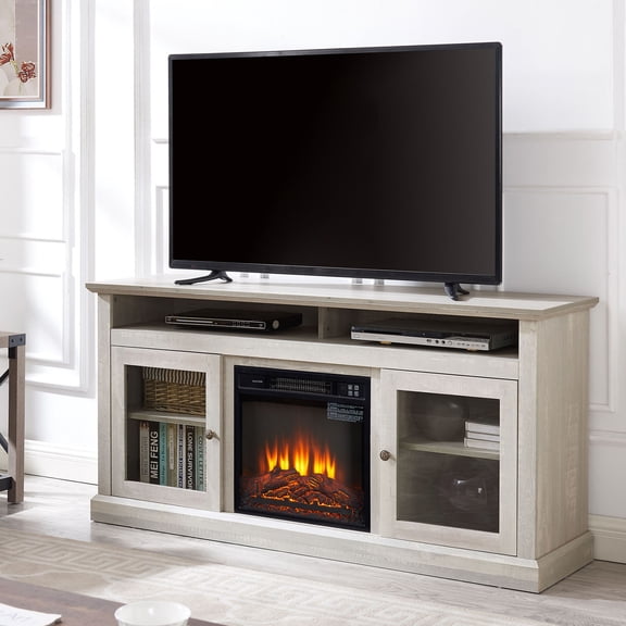 S-HOME TV Media Stand with 18 Inch Fireplace Insert and Open Closed Storage Space in Stone Gray for TVs Up To 65 Inches