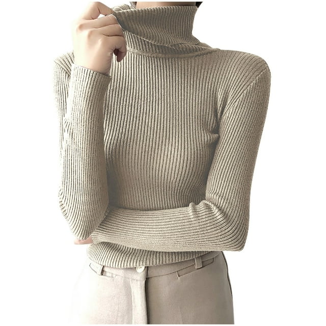 Timegard Chandails d'Automne pour Femmes Col Montant Ajusté Chandail Décontracté Manches Longues Bas Couleur Unie