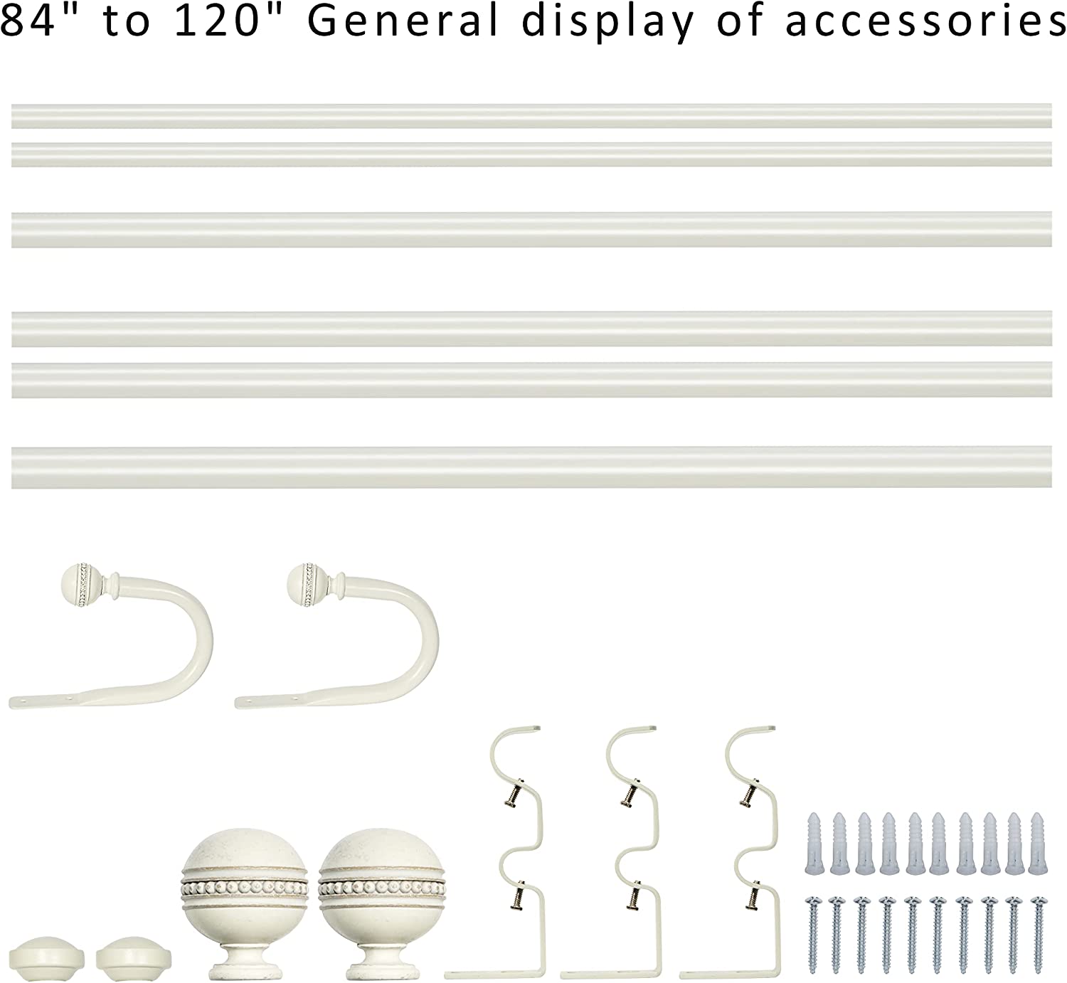 eTeckram 1" Double Curtain Rod with Sable Finials and holdbacks (84" to 120", Weathered white)