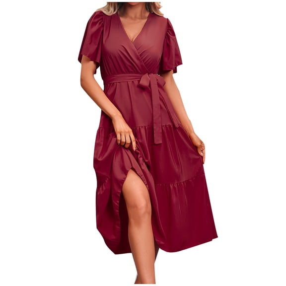 Lmnyox Women's Midi Dress Flare Short Sleeve V Neck Dress Flowy Summer Casual Beach Bohemian Dress