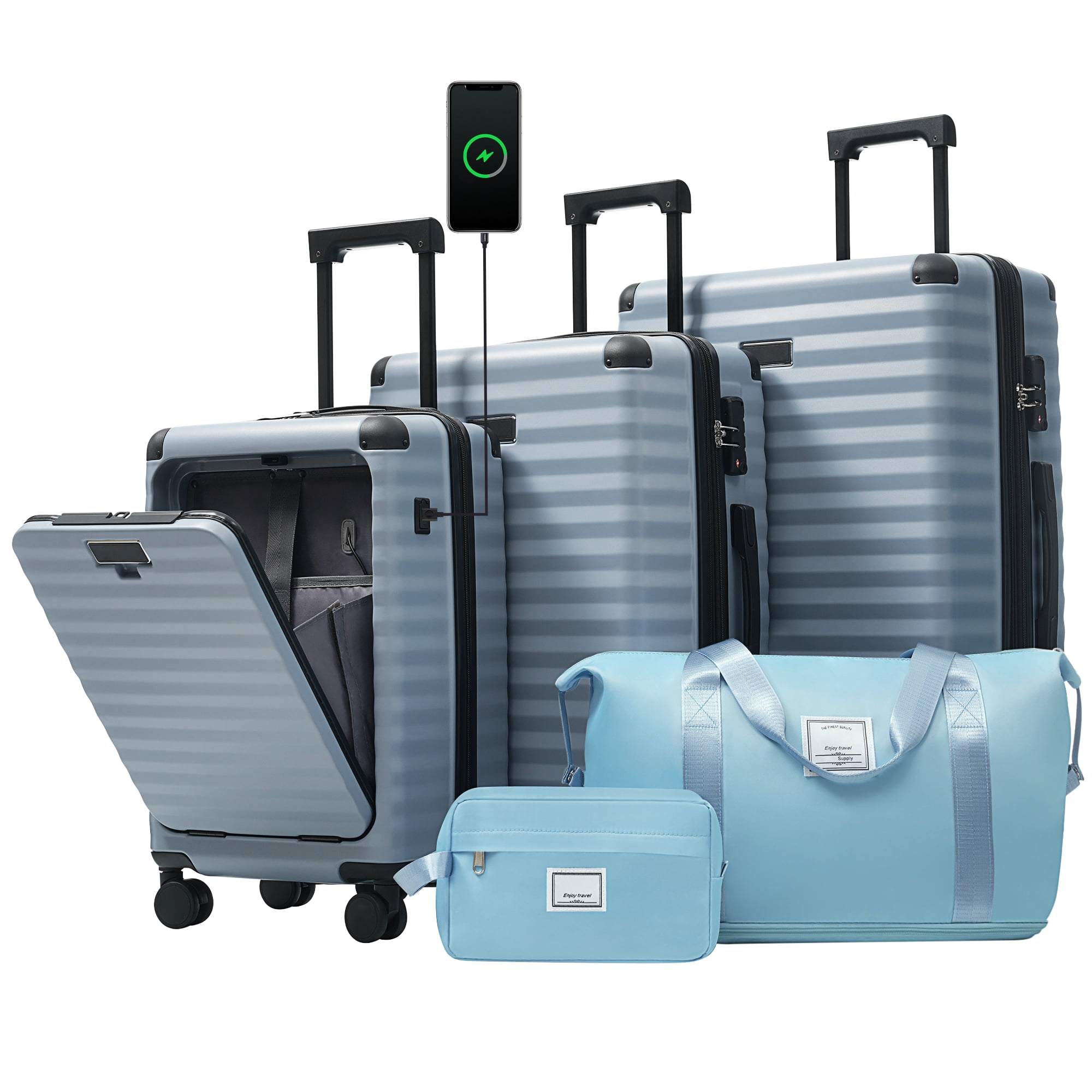 MAYEERTY 5-Piece Hardside Luggage Travel Set with TSA Lock,Front Opening,USB Port,Cup Holder,Duffle & Toiletry Bag