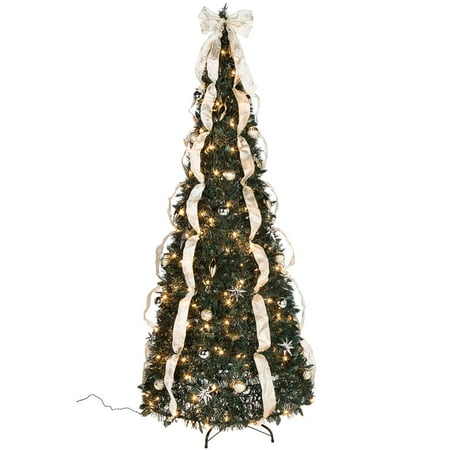 7' Silver & Gold Pull-Up Christmas Tree by Holiday Peak, Pre-Lit and Fully Decorated, Collapses for Easy
