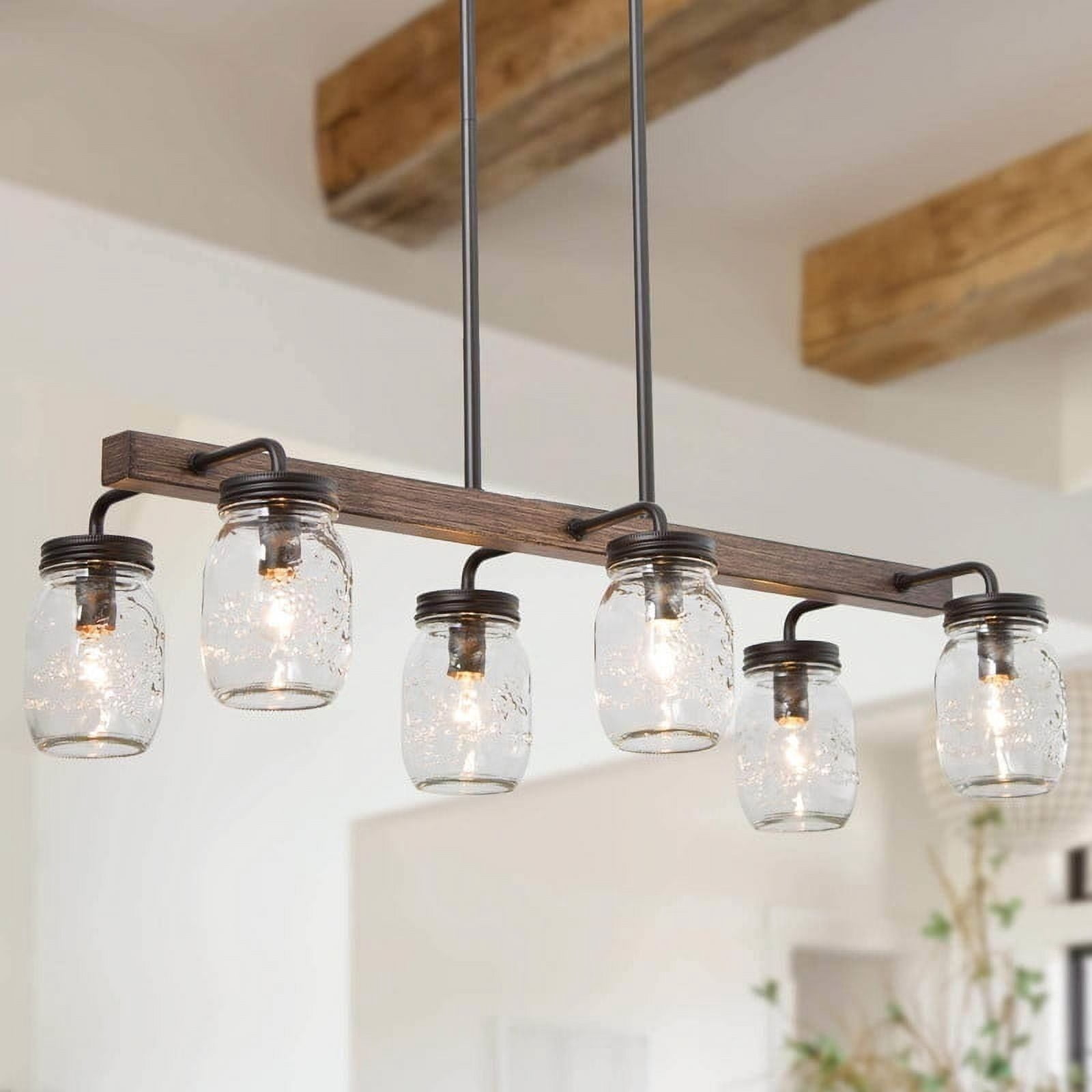 LNC Farmhouse Mason Jar Chandelier with 6 Lights, Rustic Wood Kitchen Island Light Fixture