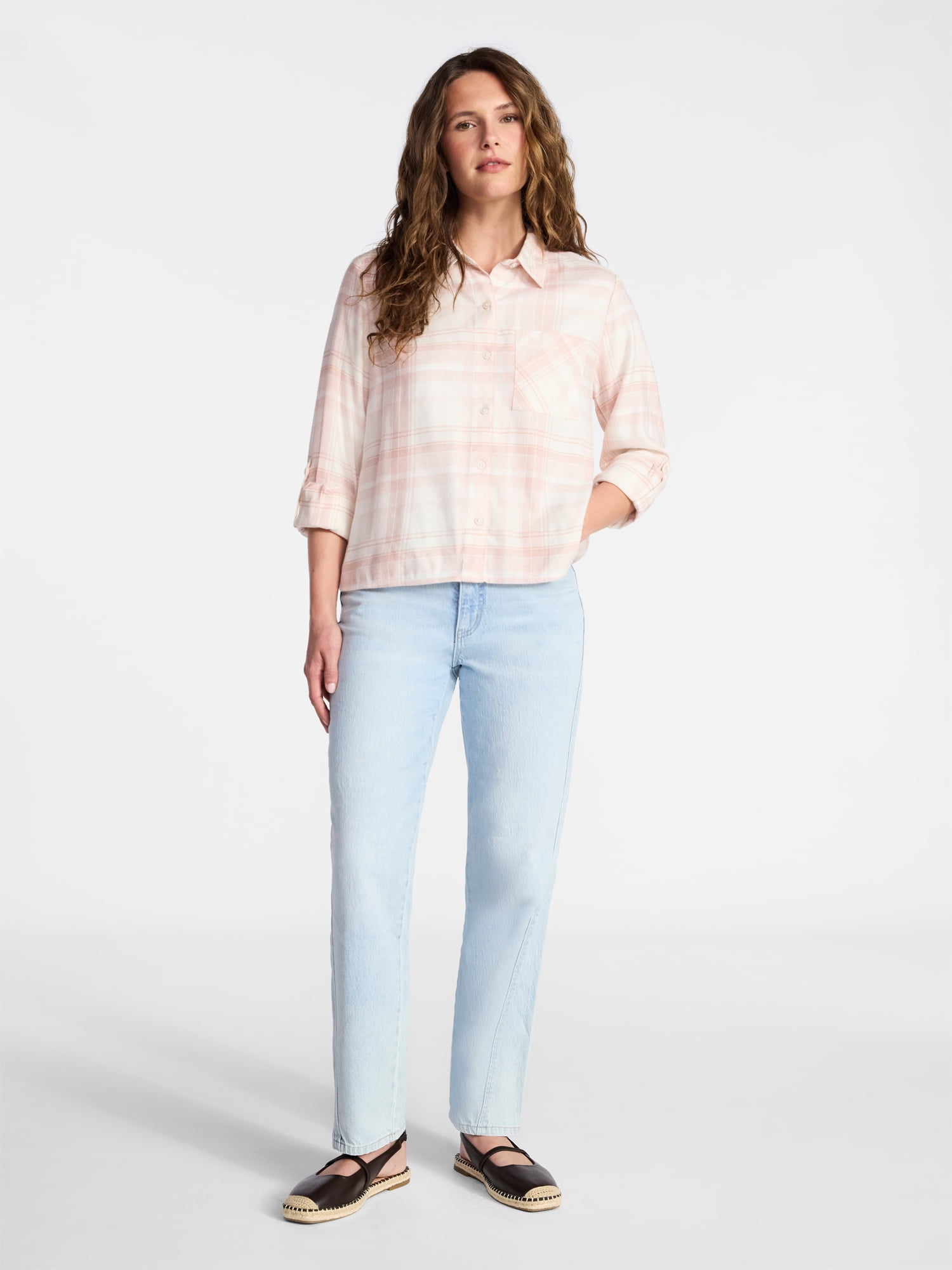 Time and Tru Women's Cropped Flannel Shirt, Sizes XS-XXXL