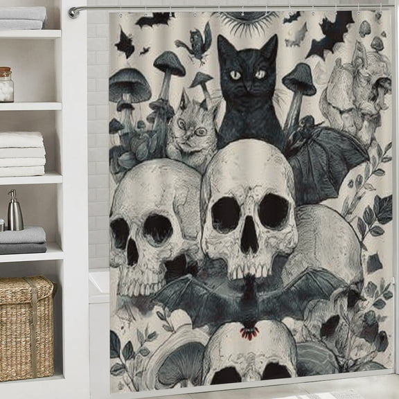Christmas Shower Curtain, Skull Sign Christmas Curtain with Hooks for Home Bathroom Decor Washable Curtains, 72x72 in