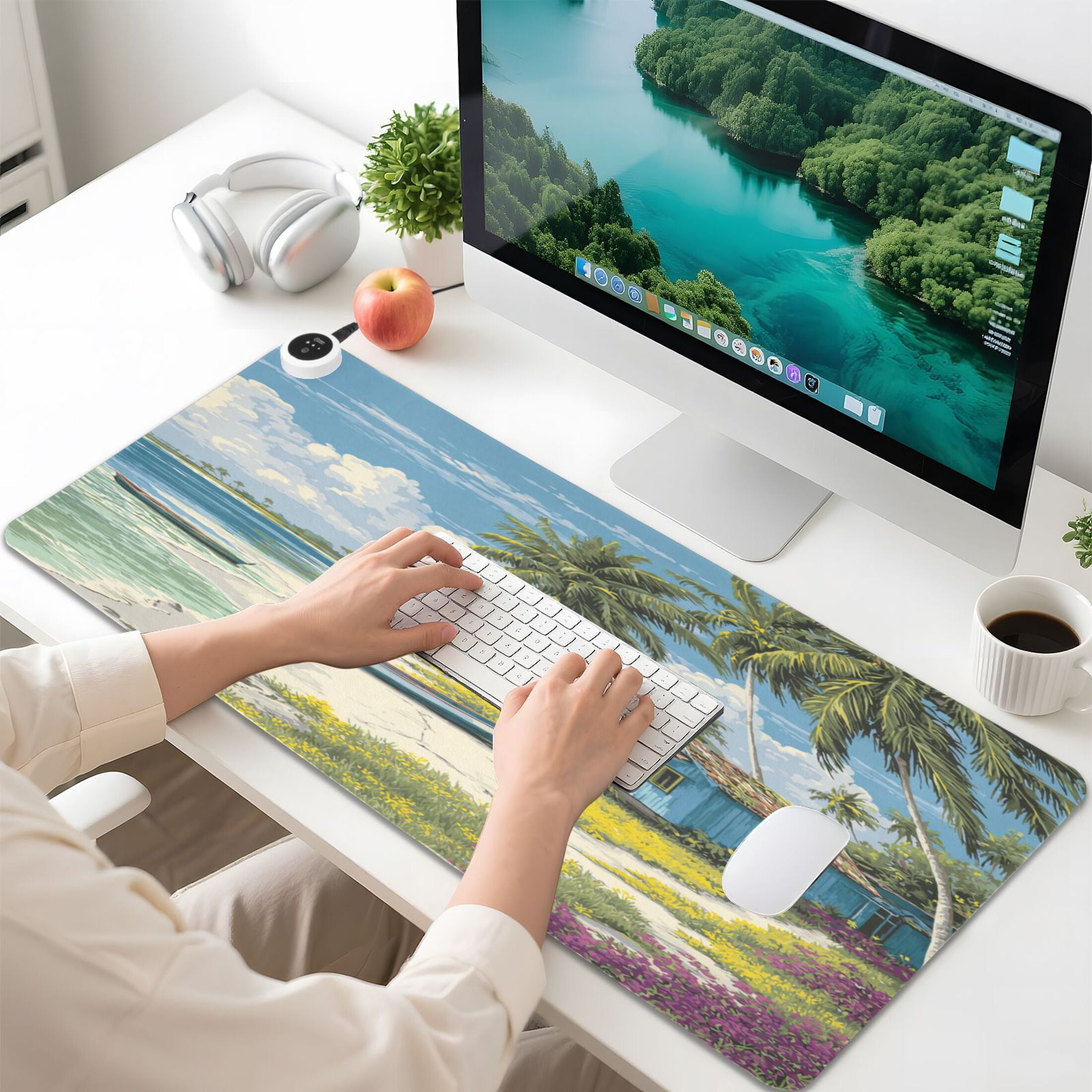 Large Heated Desk Mat Mouse Pad 31.5"x13"PU Leather Graphene Heating Desk Warmer with 3 Temperature Settings 110V US Plug Non-Slip Warm Pad for Home, Office, and Gaming Tropical Beach Hut Escape