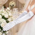thumbnail image 3 of HuangHuanChen Satin Gloves for Women Solid Color Elegant Formal Long Opera Gloves Wedding Prom Long Opera Party 1920s Satin Tea Party Gloves Stretchy Elbow Length Bridal Gloves White One Size, 3 of 6