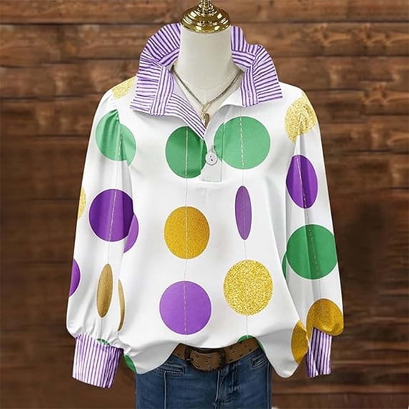 LEKWK Womens Mardi Gras Funny T Shirts Purple Vertical Striped Blouses Dressy Casual Long Sleeve Ruffle Collar Button Down Work Outfits