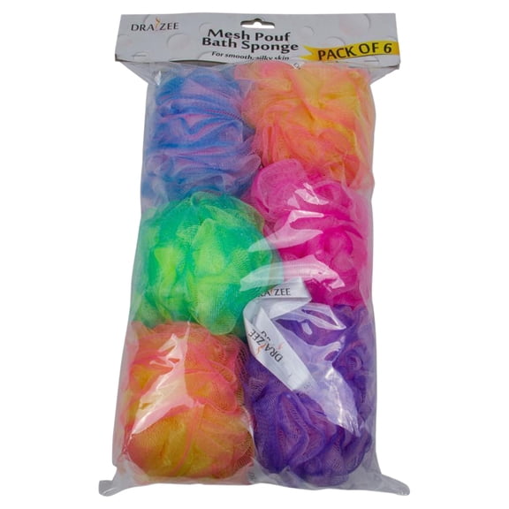 Draizee Exfoliating Tri-Colored Mesh Pouf Shower Sponges 5 Inch Six Pack