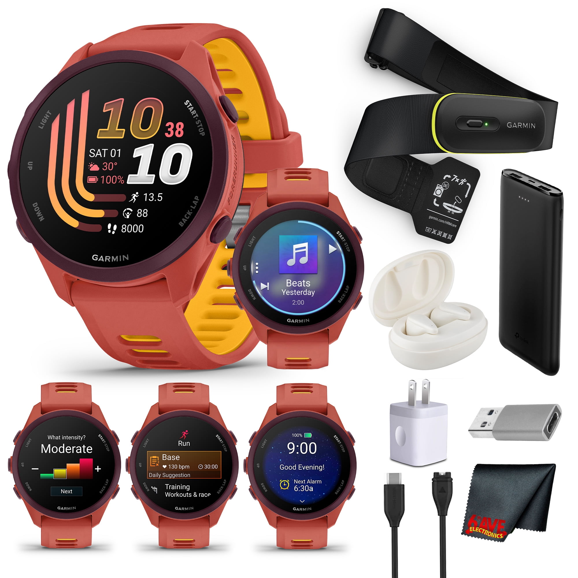 Garmin Forerunner 170 Music GPS Running Smartwatch | Red Pink/Mango | Music Storage + Bundle