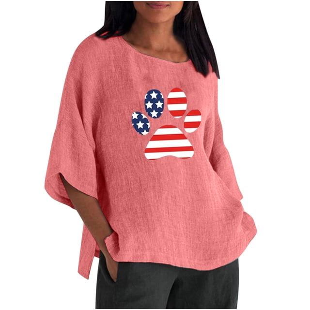 Blusa de lino con cuello redondo y mangas tres cuartos para mujer con estampado de bandera a la moda Pompotops FGAJ3081