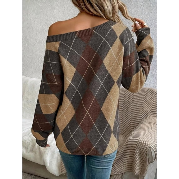 Women's Off-Shoulder Long Sleeve Pullover Sweater Preppy Casual Back-To-School Fall Winter