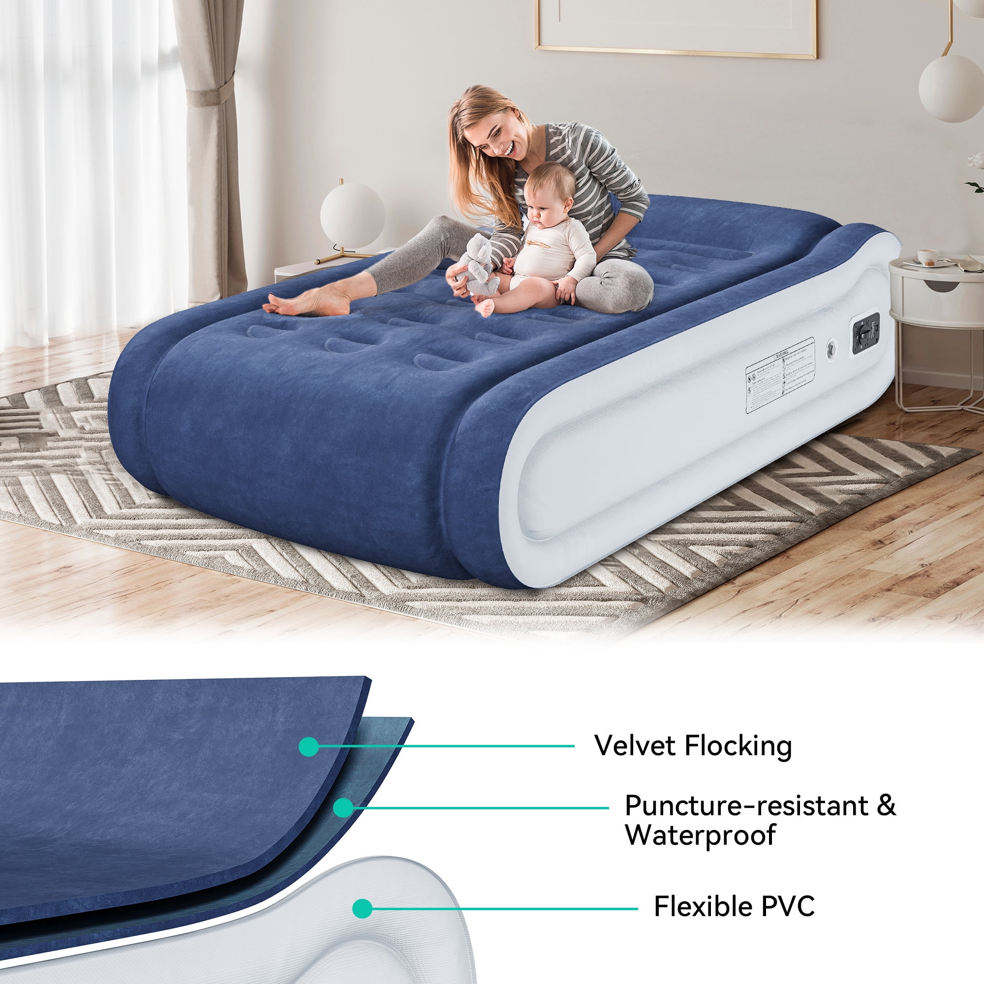 Uforic Twin Air Mattress with Plush Velvet Top, Supportive Ergonomic Design, Built-in Pillow, Emergency Repair Kit, and Quick Inflation & Deflation