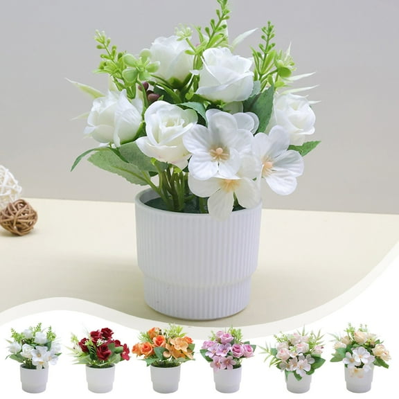 Artificial Plants Potted Small Fake Flowers Silk Bonsai for Home Office Desk Decoration Table Centerpiece Indoor Floral Arrangement 6 Colors by PALIFEUR