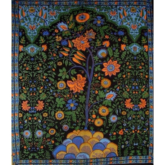 Tree of Life Tapestry Cotton Bedspread 108" x 88" Full-Queen Black