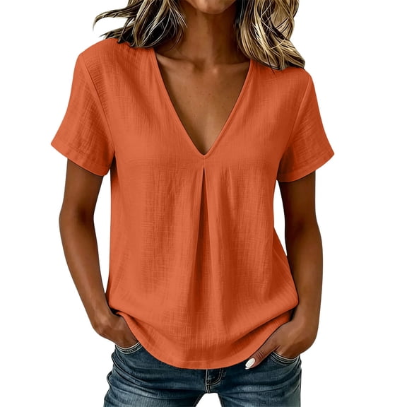 Sevevn Women's V Neck Pleated Front Blouse Cotton Blend Short Sleeve Loose Fit Casual Tunic Top Orange XL