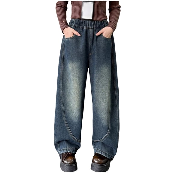 Girls Wide Leg Jeans Hip Hop Straight Denim Trousers Kids Bow Pattern Vintage Streetwear Denim Trousers