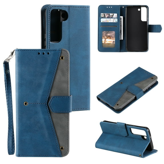 PU Leather Wallet Case for Samsung Galaxy S22 Plus, Detachable Wrist Hand Strap Magnetic Clasp Flip Folio Cover with Card Slots Cash Holder Kickstand Soft Silicone Shockproof Anti-Scratches Case,Blue