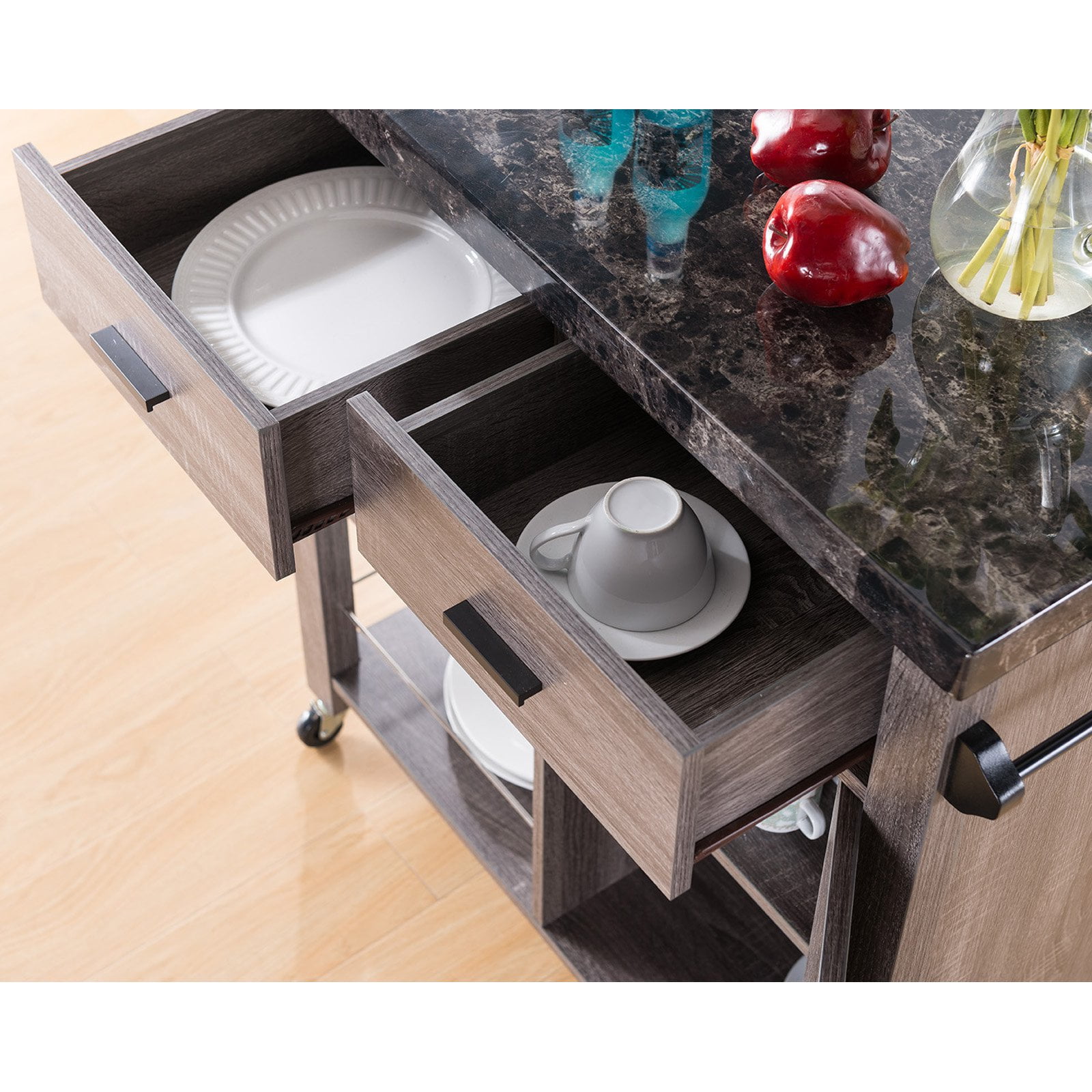 Distressed Grey 161568 Smart Home Faux Marble Kitchen Serving Cart 