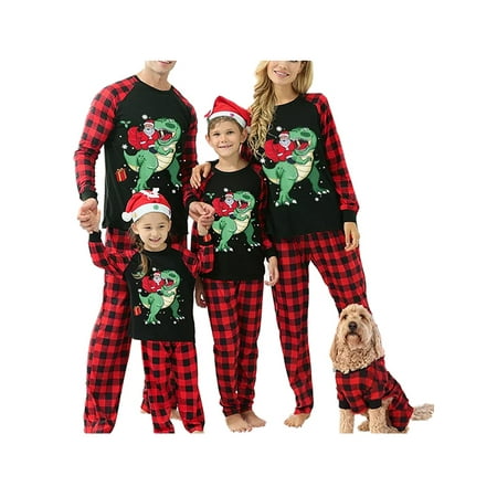 

EYIIYE Christmas Family Matching Pajamas Set Dinosaur Santa Claus Print Tops Plaid Pants Holiday Xmas Loungewear 2Pcs Set