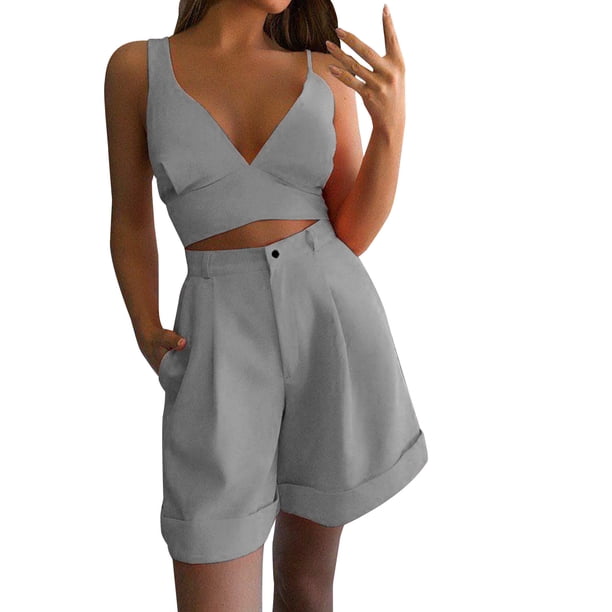 Traje de cintura de color sólido de verano para mujer Traje de dos piezas casual de moda Wmkox8yi bvn735