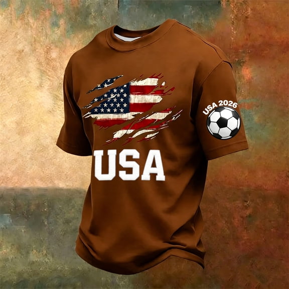 2026 USA Soccer Jersey Shirts for Men Crewneck Short Sleeve Fan International Soccer Shirt Retro Summer Tee Beach Top Brown L