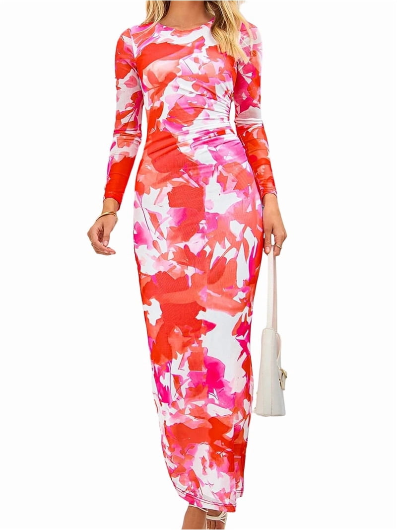 Women'S Bodycon Maxi Dress Fashion Long Sleeve Floral Print Tight Fitted Party Club Ruched Dresses Lake Blue XL Women'S Bodycon Maxi Dress Fashion Long Sleeve Floral Print Tight Fitted Party Club Ruched Dresses Lake Blue XL