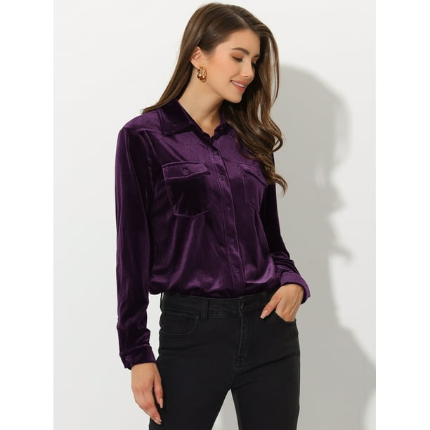 Camisa de Terciopelo para Mujer de Manga Larga con Botones Blusa Informal para Invierno Purpura S Allegra K Blusas y camisas Walmart en linea