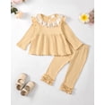 thumbnail image 2 of Kucnuzki Infant Baby Girls Pant Sets Fall Round Neck Lace Ruffle Long Sleeve Top Flower Pants 2pcs Outfits Apricot 18-24 Months, 2 of 8