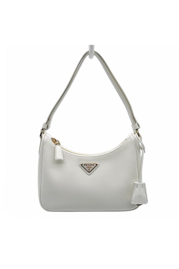 Pre-Owned PRADA Triangle Plate Logo RFID Tag Handbag One Shoulder Leather Saffiano White Women's