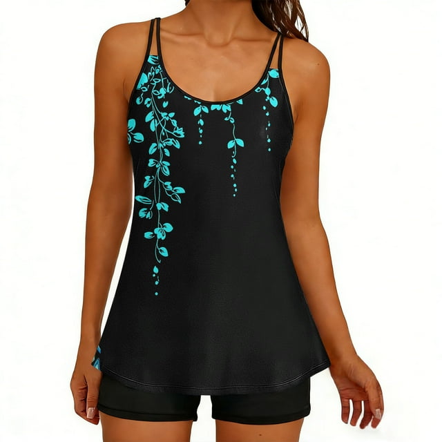 Women's Tankini Swim Set Printed Adjustable Tank Top & Swim Shorts, Modest Two Piece with Removable Pads